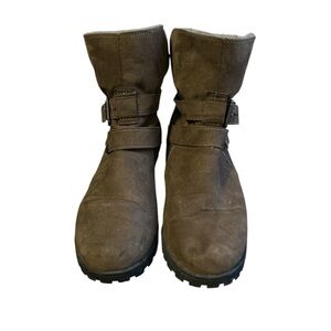 Brown Suede Buckle Boots with Faux Fur